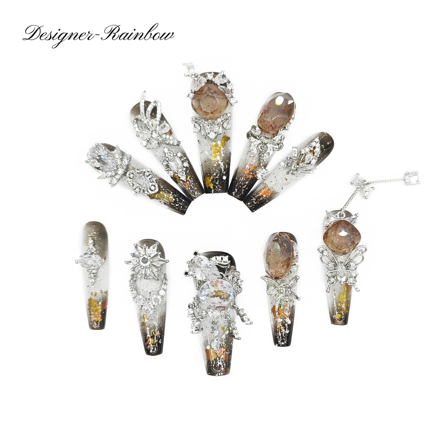 Finger Fantasy- Crystal Fantasy Luxury Rhinestone Handmade Press-On Nail Set with Gift Box & Greeting Card, 10pcs Elegant Nail Art Kit for Manicure, Perfect for Gifts and Holiday Glam(DM0067-69/84/93/94/96/97)