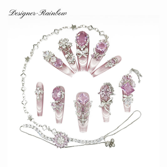 D58FingerFantasy- Crystal Fantasy Luxury Rhinestone Handmade Press-On Nail Set with Gift Box & Greeting Card, 10pcs Elegant Nail Art Kit for Manicure, Perfect for Christmas Gift and Holiday Glam£¨DM0058£©