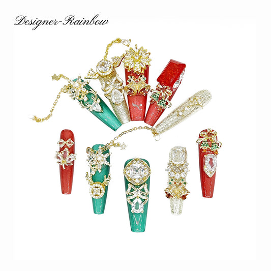 D61Finger Fantasy- Crystal Fantasy Luxury Rhinestone Handmade Press-On Nail Set with Gift Box & Greeting Card, 10pcs Elegant Nail Art Kit for Manicure, Perfect for Christmas Gift and Holiday Glam(DM0061)