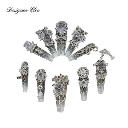Finger Fantasy- Crystal Fantasy Luxury Rhinestone Handmade silver Press-On Nail Set with Gift Box & Greeting Card, 10pcs Elegant Nail Art Kit for Manicure, Perfect for Gifts and Holiday Glam(DM0013/36)