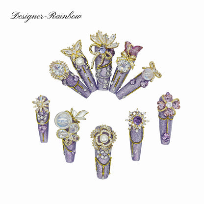 D92Finger Fantasy- Crystal Fantasy Luxury Rhinestone Handmade Press-On Nail Set with Gift Box & Greeting Card, 10pcs Elegant Nail Art Kit for Manicure, Perfect for Christmas Gift and Holiday Glam(DM0092)