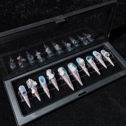 D160Finger Fantasy- Crystal Fantasy Luxury Rhinestone Handmade Press-On Nail Set with Gift Box & Greeting Card, 10pcs Elegant Nail Art Kit for Manicure, Perfect for Christmas Gift and Holiday Glam(DM0160)