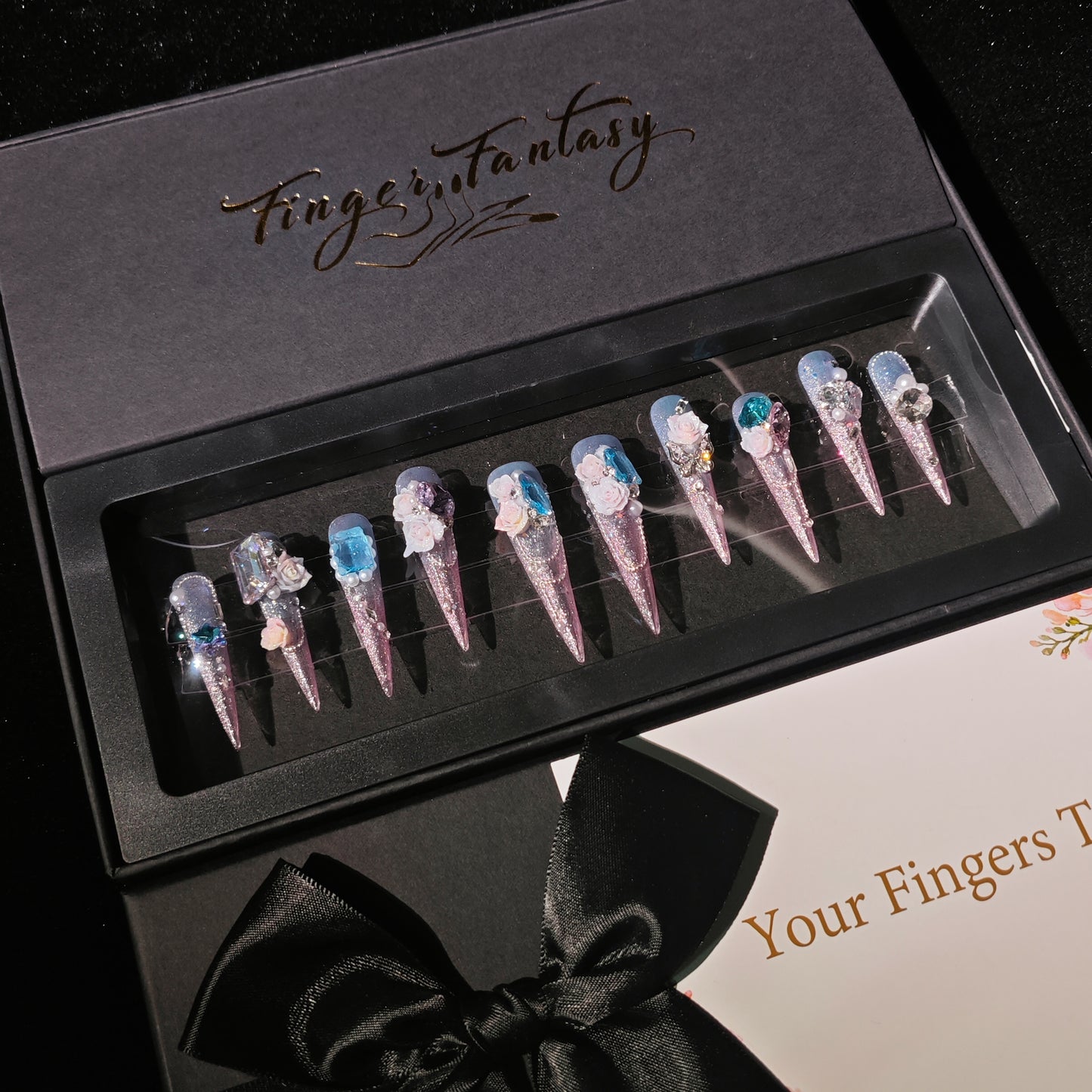 D160Finger Fantasy- Crystal Fantasy Luxury Rhinestone Handmade Press-On Nail Set with Gift Box & Greeting Card, 10pcs Elegant Nail Art Kit for Manicure, Perfect for Christmas Gift and Holiday Glam(DM0160)