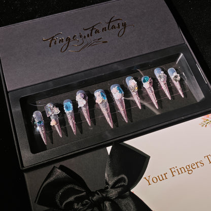 D160Finger Fantasy- Crystal Fantasy Luxury Rhinestone Handmade Press-On Nail Set with Gift Box & Greeting Card, 10pcs Elegant Nail Art Kit for Manicure, Perfect for Christmas Gift and Holiday Glam(DM0160)