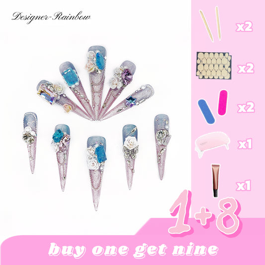 D160Finger Fantasy- Crystal Fantasy Luxury Rhinestone Handmade Press-On Nail Set with Gift Box & Greeting Card, 10pcs Elegant Nail Art Kit for Manicure, Perfect for Christmas Gift and Holiday Glam(DM0160)