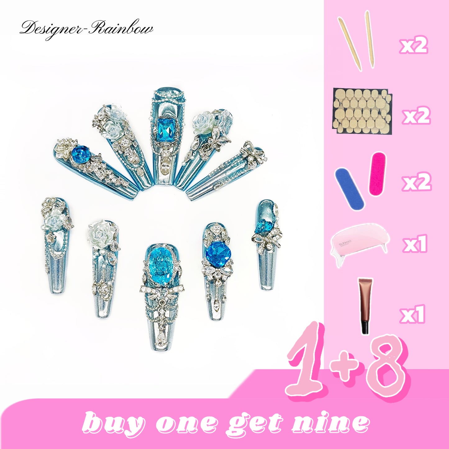 D153Finger Fantasy- Crystal Fantasy Luxury Rhinestone Handmade Press-On Nail Set with Gift Box & Greeting Card, 10pcs Elegant Nail Art Kit for Manicure, Perfect for Christmas Gift and Holiday Glam(DM0153)