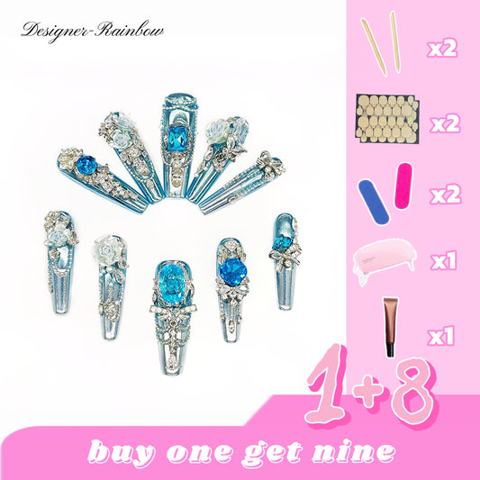 D153Finger Fantasy- Crystal Fantasy Luxury Rhinestone Handmade Press-On Nail Set with Gift Box & Greeting Card, 10pcs Elegant Nail Art Kit for Manicure, Perfect for Christmas Gift and Holiday Glam(DM0153)