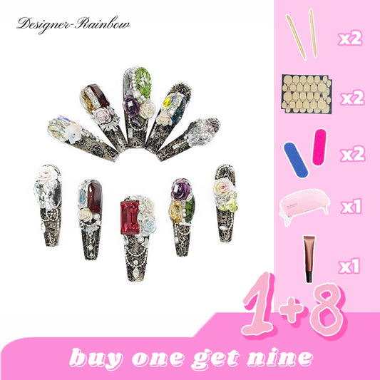 D152Finger Fantasy- Crystal Fantasy Luxury Rhinestone Handmade Press-On Nail Set with Gift Box & Greeting Card, 10pcs Elegant Nail Art Kit for Manicure, Perfect for Christmas Gift and Holiday Glam(DM0152)