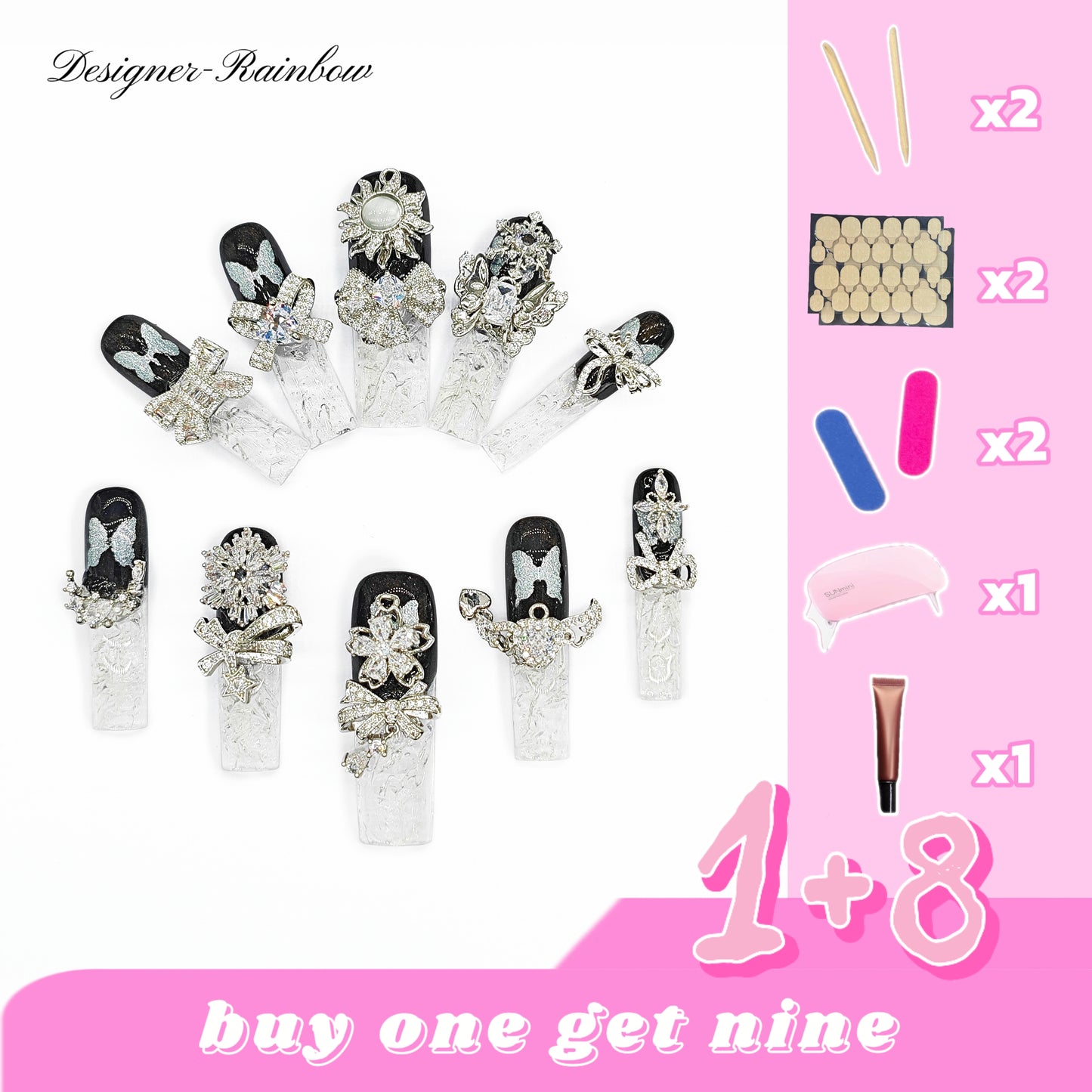 D148Finger Fantasy- Crystal Fantasy Luxury Rhinestone Handmade Press-On Nail Set with Gift Box & Greeting Card, 10pcs Elegant Nail Art Kit for Manicure, Perfect for Christmas Gift and Holiday Glam(DM0148)