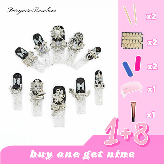 D148Finger Fantasy- Crystal Fantasy Luxury Rhinestone Handmade Press-On Nail Set with Gift Box & Greeting Card, 10pcs Elegant Nail Art Kit for Manicure, Perfect for Christmas Gift and Holiday Glam(DM0148)